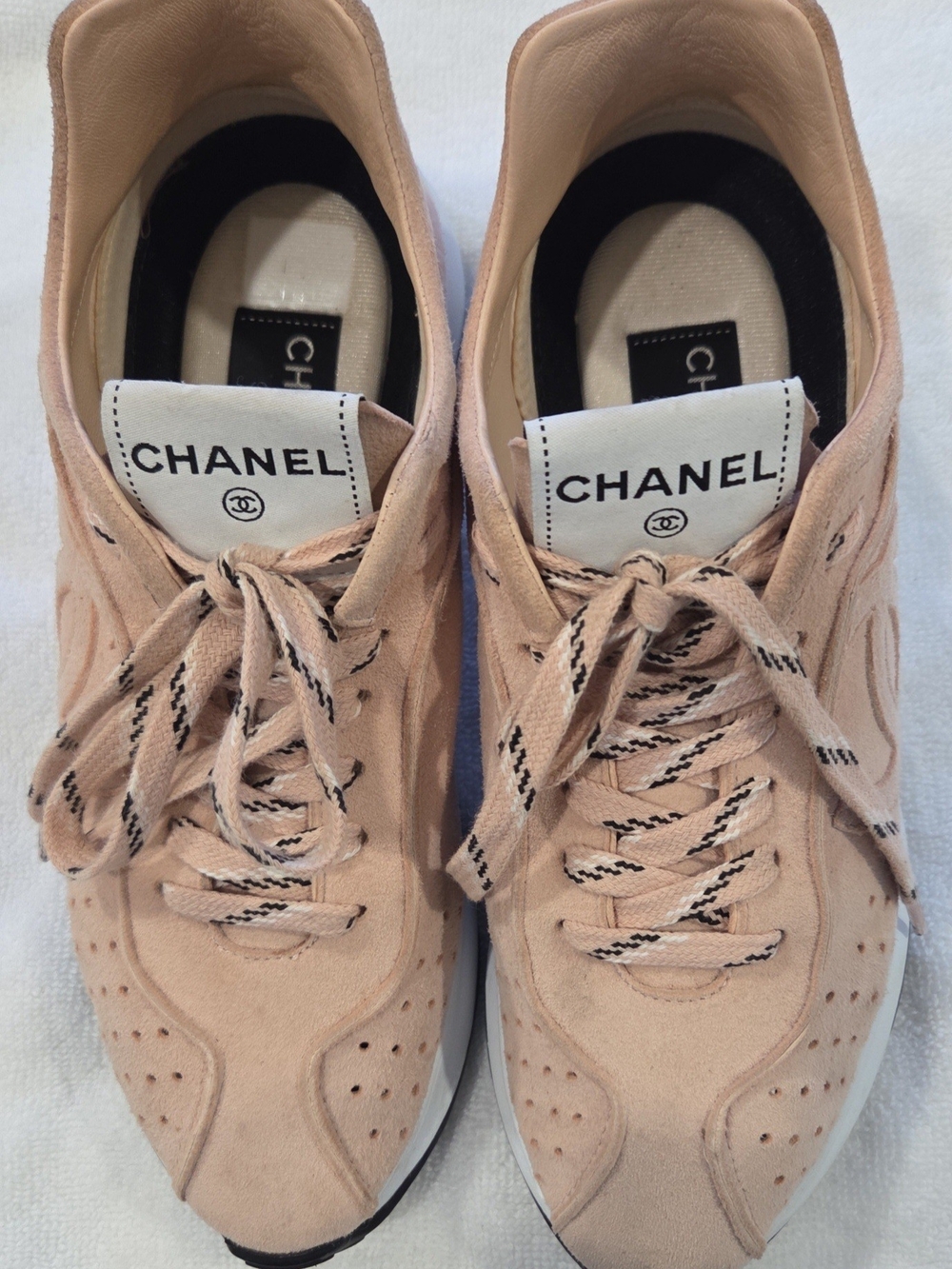 CHANEL Beige Pink Suede Lace-Up Sneakers